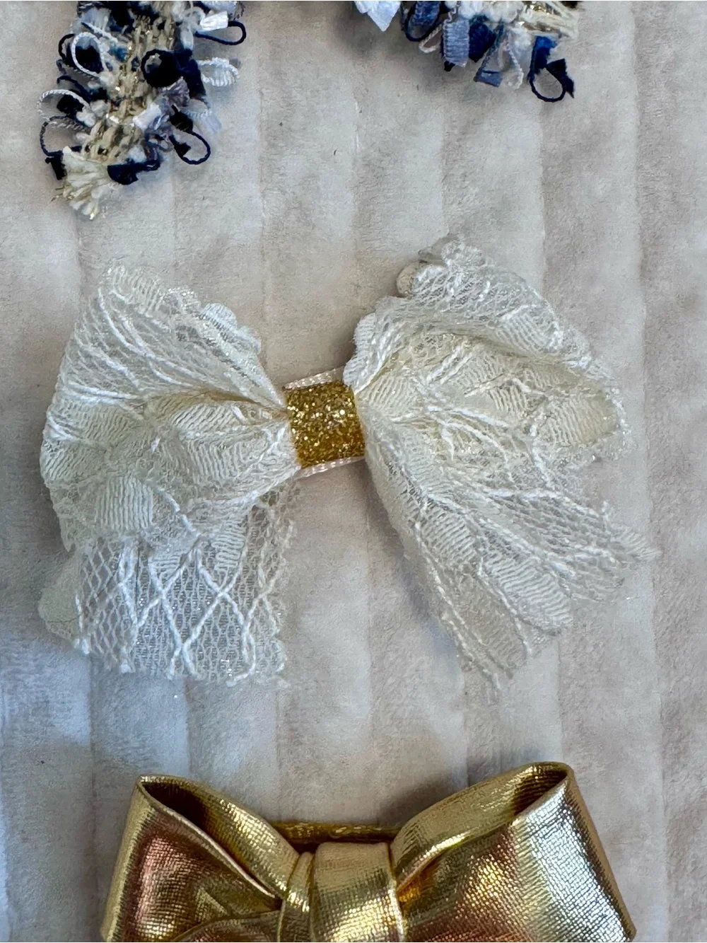 Kids Bow Hair Clips - Navy Tweed, Ivory, and Gold Set